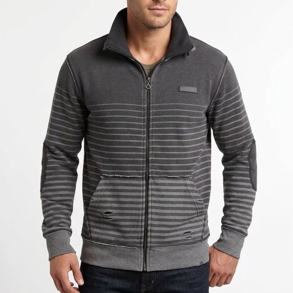 NO FEAR Vintage Y2K Striped Zip-Up Skater Hoodie Grunge Elbow Patches Sz Small